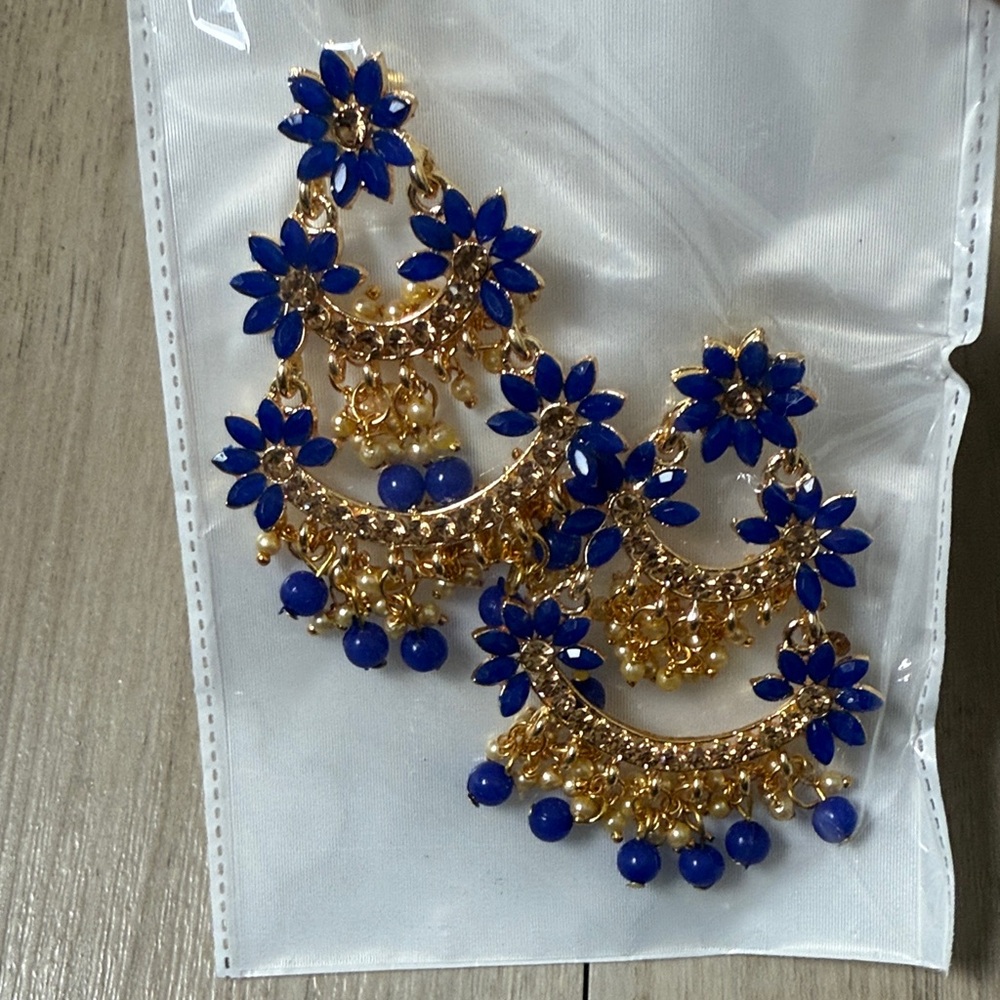 Blue & Gold Floral Chandbali Earrings – Statement Indian Jewelry